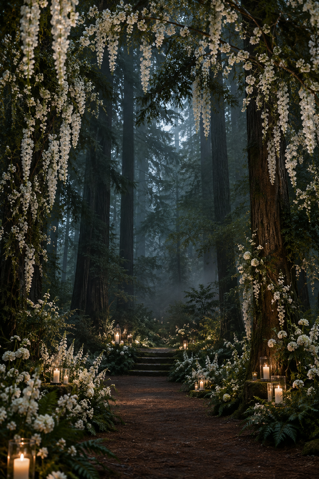 White flowers and candlelight in a forest