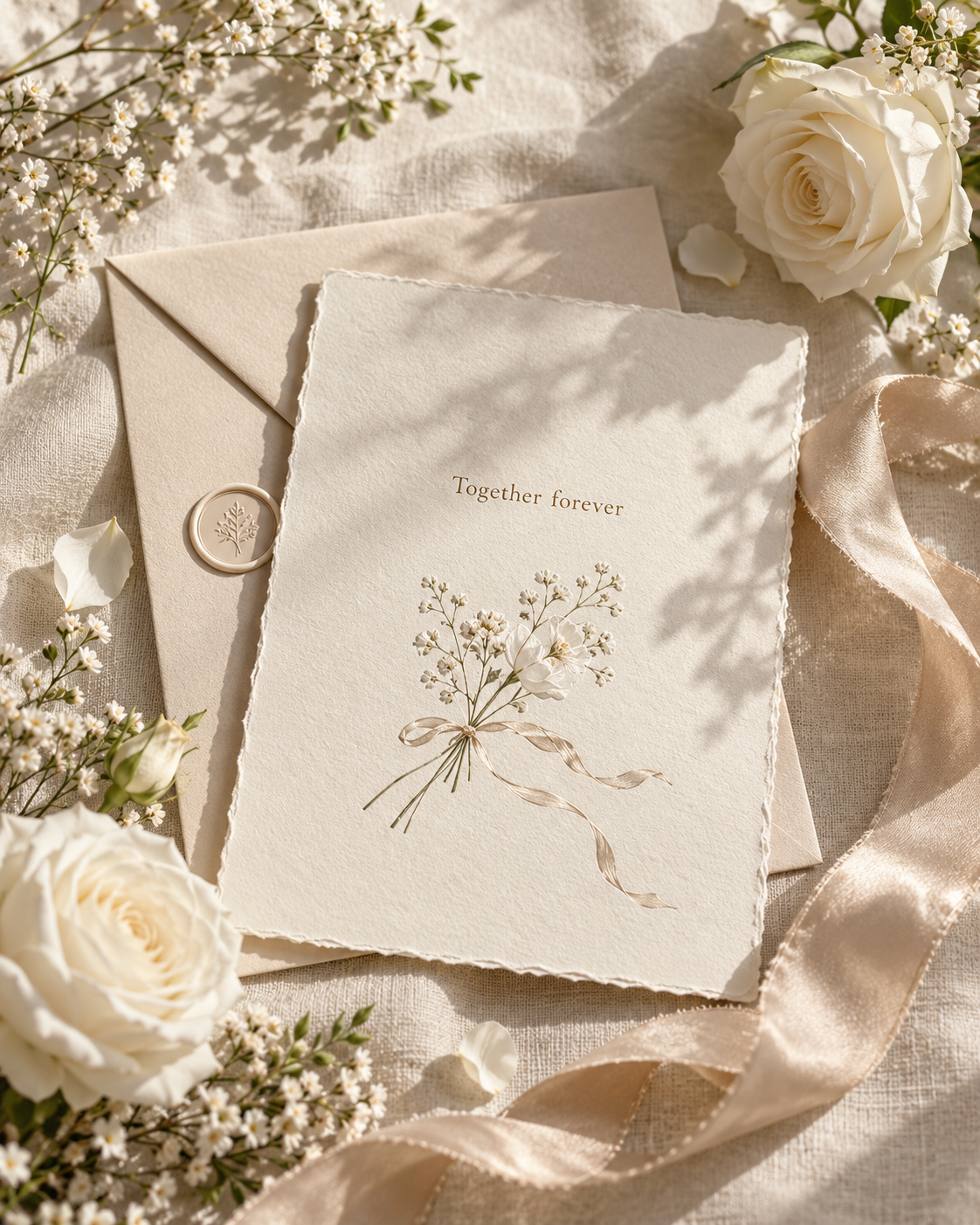 Cream wedding invitations with silk ribbon and white flowers